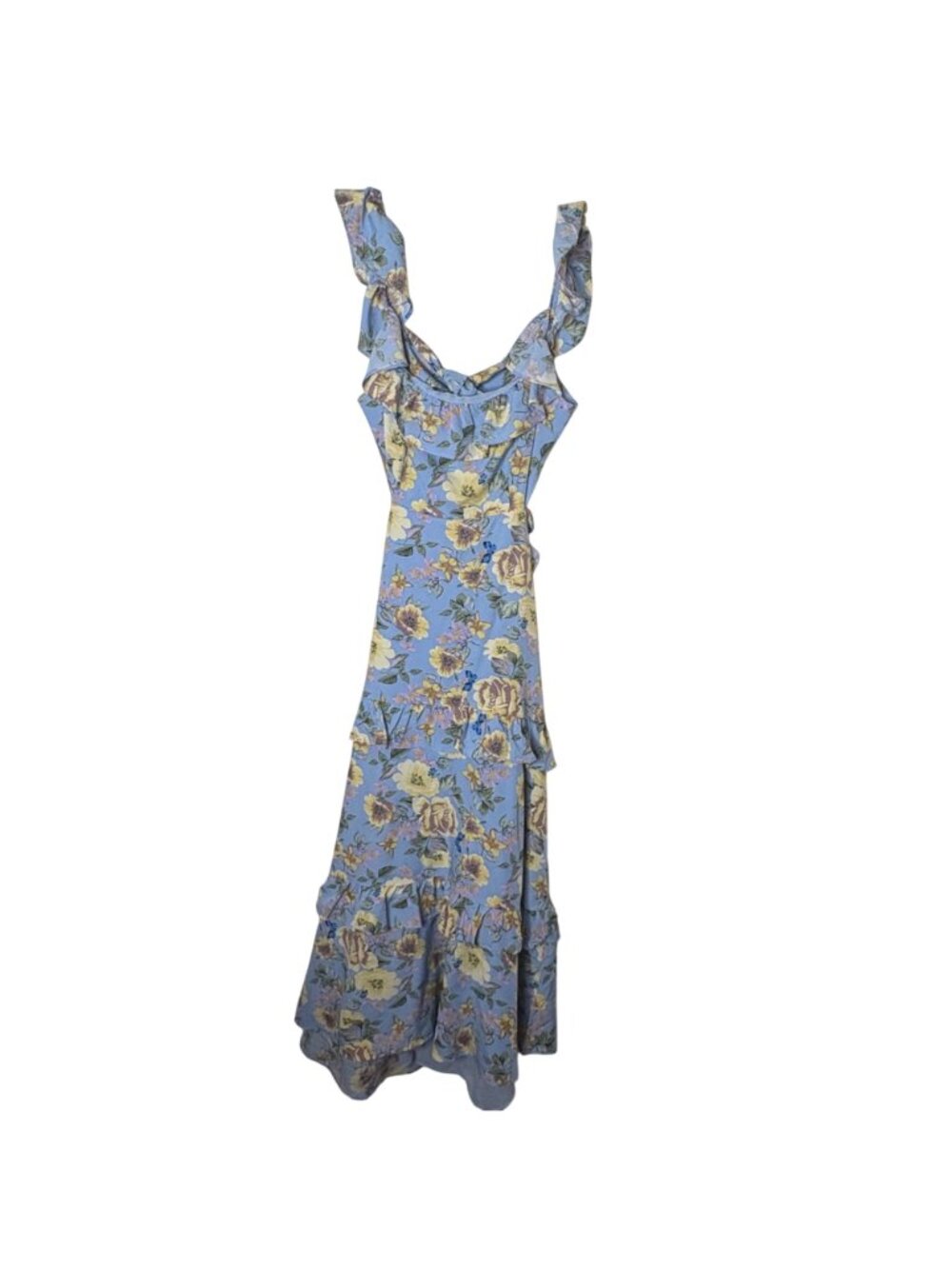 ASTR The Label Dress S Blue Yellow Floral Ruffle Tiered Cutout Bow Cottagecore - Picture 3 of 10